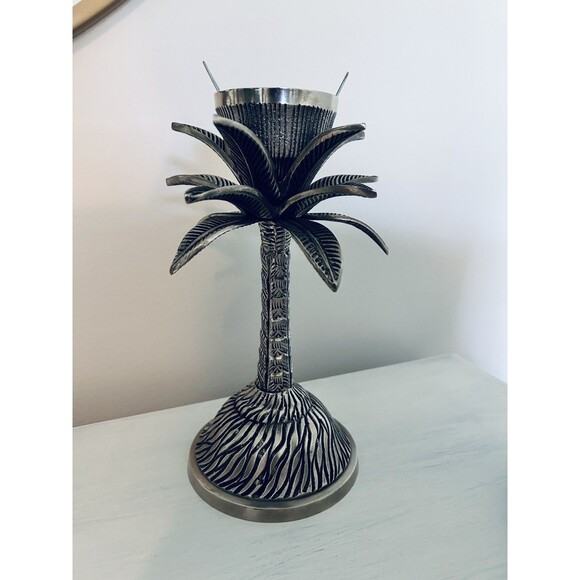 VINTAGE SOLID BRASS PALM TREE CANDLESTICK HOLDER 8.5" TALL PEWTER - Picture 1 of 4